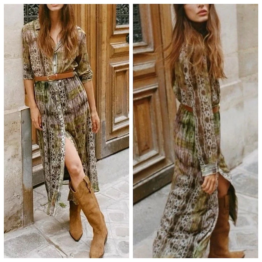 Zara Button Up Midi Dress Womens Sz S Green Abstract Print Long Sleeve Belted